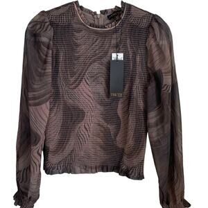 Truth By Republic NWT *FLAW* Smocked Blouse Top Sz M Sheer Long Sleeves Brown